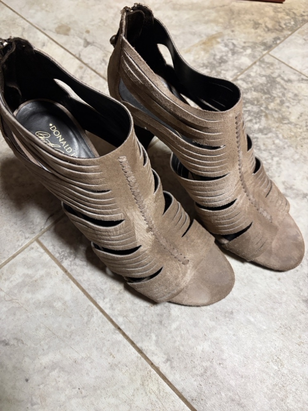 Donald J. Pliner Taupe Suede Cutout Peep-Toe Booties 9 EUC